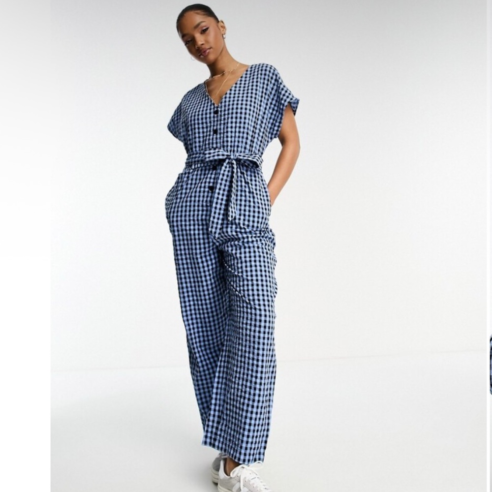 ASOS Monki Seersucker Blue Gingham Jumpsuit